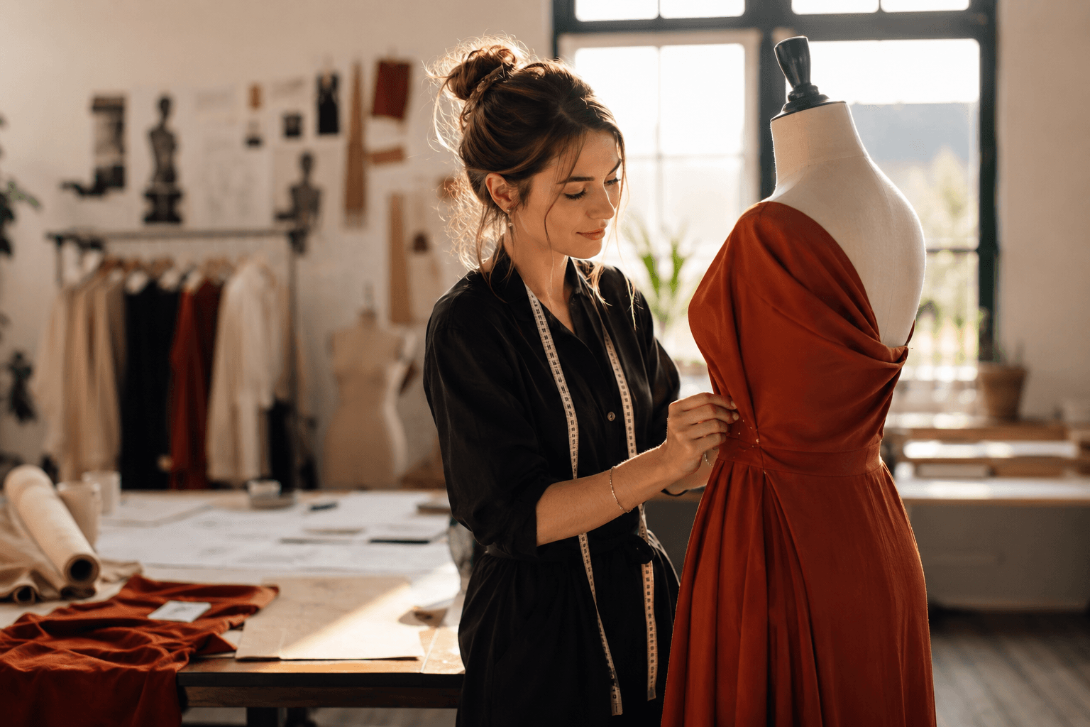 Créatrice ajustant une robe terracotta sur un mannequin dans l'atelier