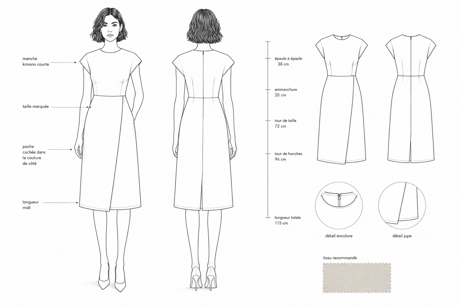 Croquis technique d'une robe midi avec mesures