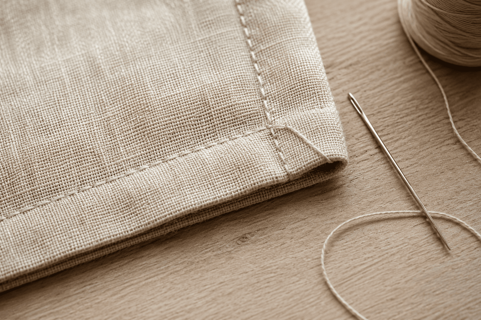 Ourlet cousu main sur un tissu de lin