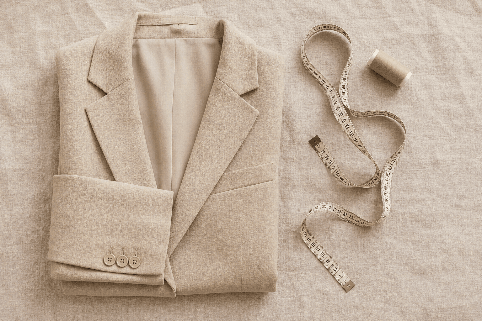 Blazer beige plié avec mètre-ruban et bobine de fil