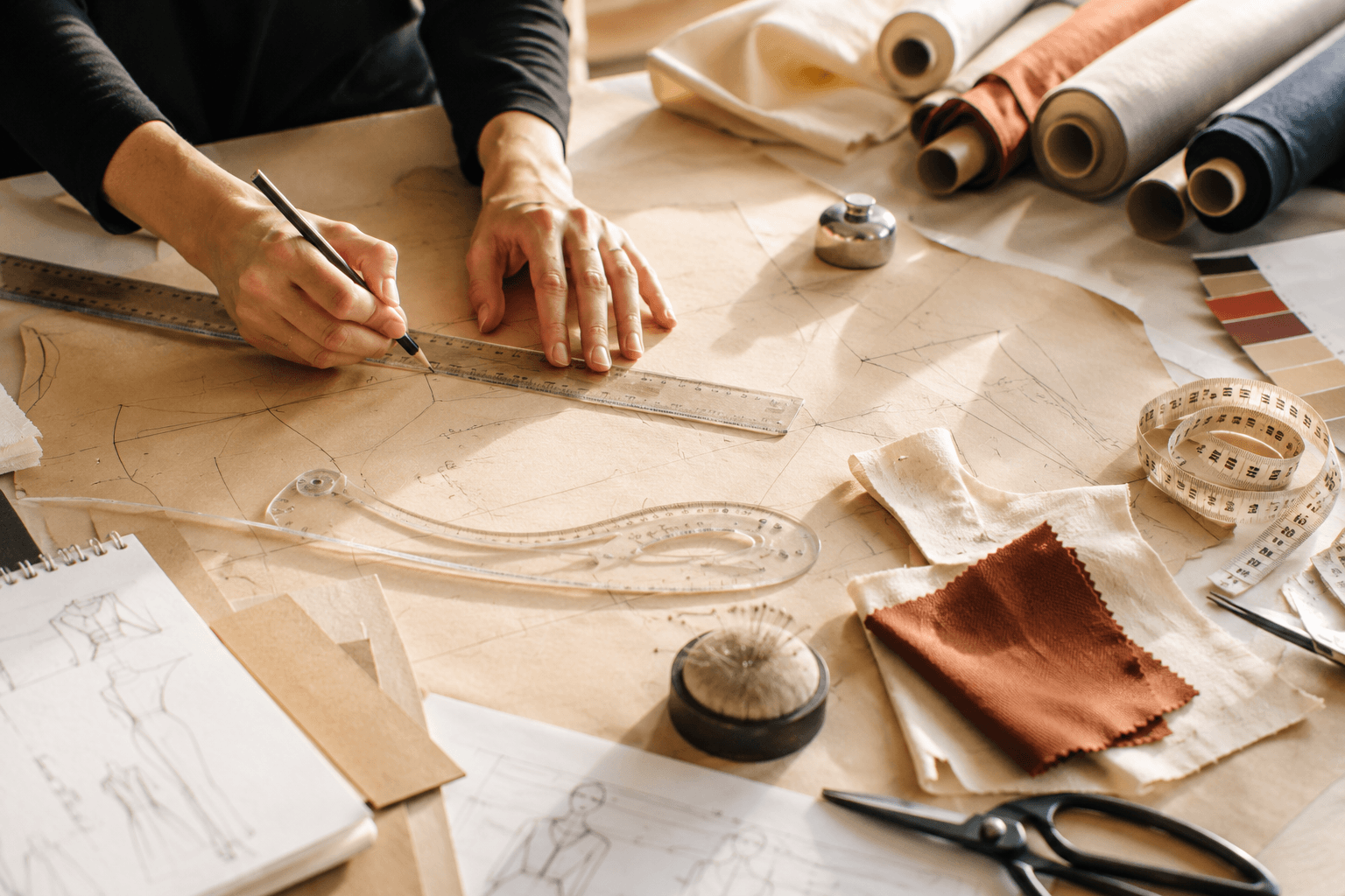 Tracé d'un patron à la règle, avec croquis de mode et échantillons de tissu sur l'établi